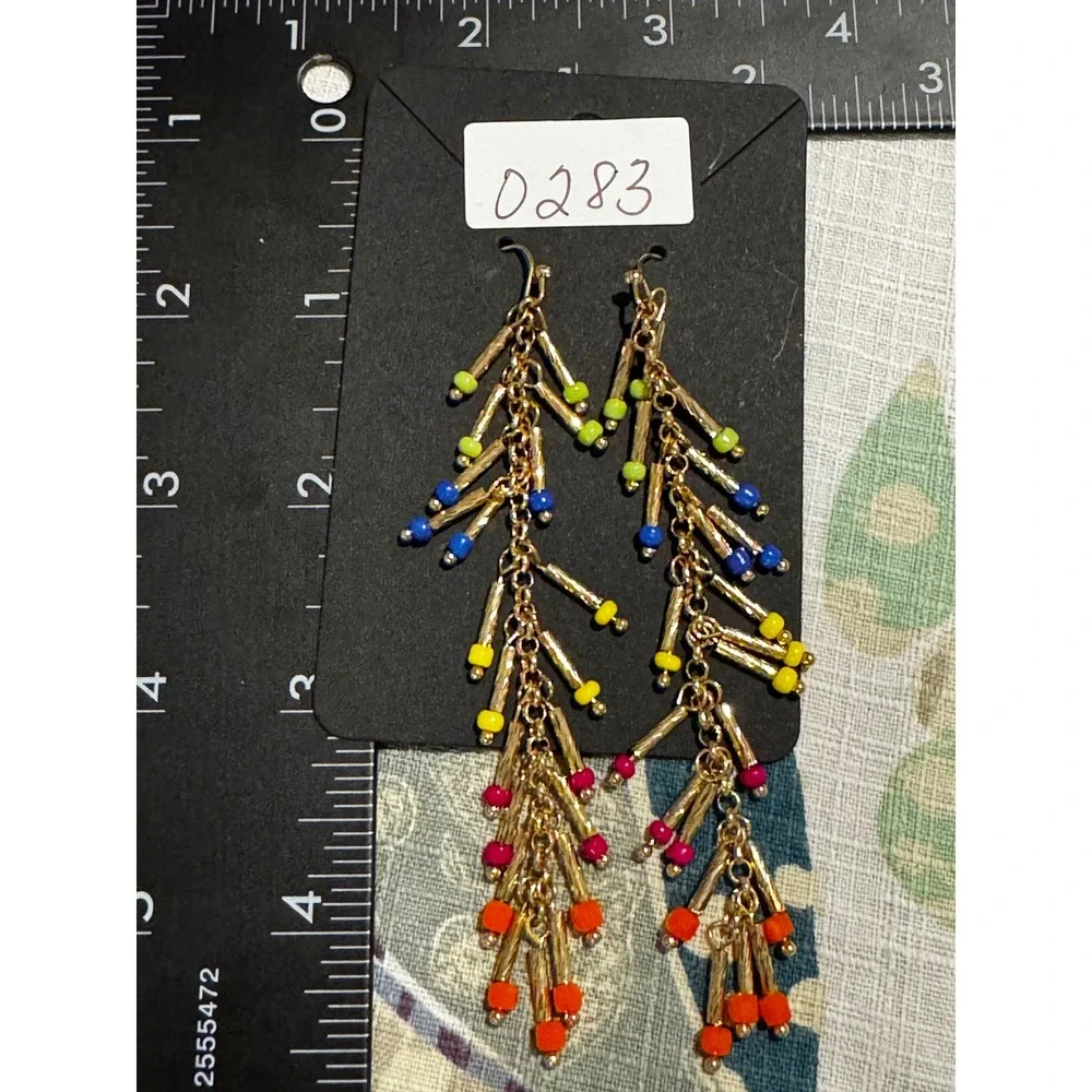 Boho Gold Tone Multi Color Seed Bead Tiered Dangle Statement Earrings
